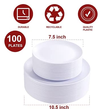 PULOTE 100PCS White Plastic Plates Disposable - Heavyweight 50 White Dinner & 50 Dessert/Salad Plates for Wedding, Party - Image 2