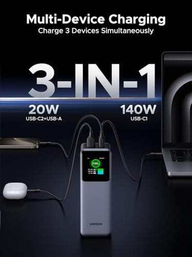 UGREEN Nexode Power Bank 25000mAh 200W Laptop Portable Charger PD 3.1 Fast Charging 90Wh 3-Port Battery Pack with TFT Smart Display for MacBook Pro/Air/ipad/iPhone 17/16/Samsung S24/Dell/HP and More - Image 6