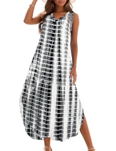 Zilcremo Women's Summer Casual Loose Sundress Long Dress Sleeveless V Neck Split Tshirt Maxi Dresses Blacktiedye XL - Image 1