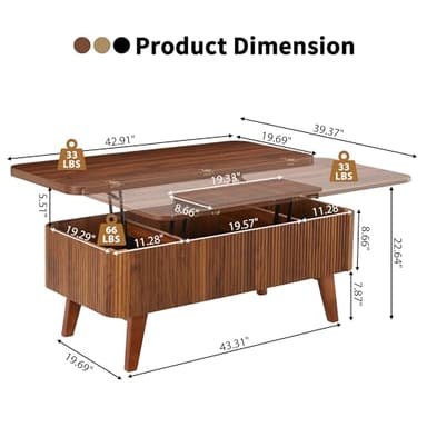 3 in 1 Lift Top Coffee Table, Fluted Convertible Coffee Tables Converts to Dining Tables, Modern Oval Wooden Center Table with Storage for Living Room Office Small Space, Partial Assembly (Walnut) - Image 2
