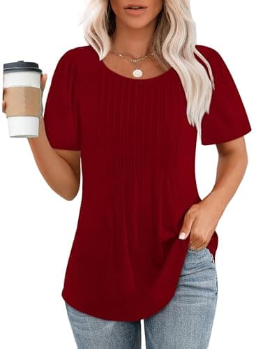 Summer T Shirts for Women Dressy Casual Short Sleeve Blouses Pleated Front Trendy Valentine's Day Shirts Going Out Tops Wine Red L - Image 1