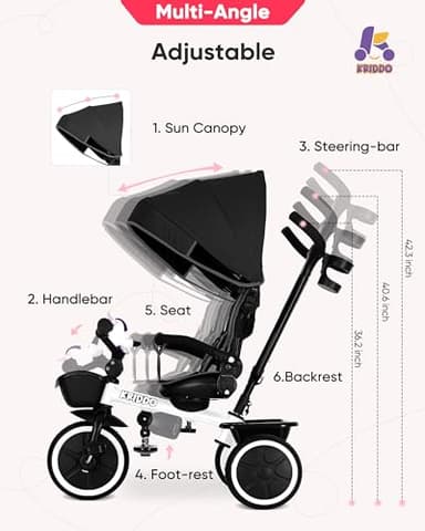 KRIDDO 7-in-1 Tricycle Stroller for Toddlers 18 Months to 5 Years, Adjustable Push Handle, Rotatable Seat, Cup Holder and Retractable Canopy, Folding Baby Trike w/Detachable Guardrail, Footrest, WH - Image 6