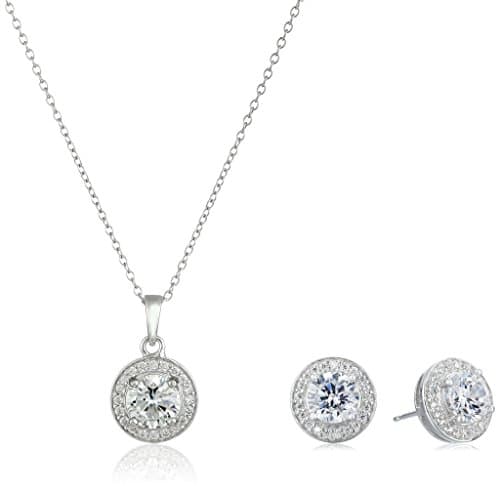 Amazon Essentials womens Sterling Silver Cubic Zirconia Halo Pendant Necklace and Stud Earrings Jewelry Set (previously Amazon Collection) - Image 1