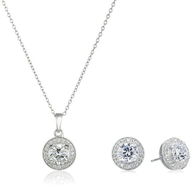 Amazon Essentials womens Sterling Silver Cubic Zirconia Halo Pendant Necklace and Stud Earrings Jewelry Set (previously Amazon Collection) - Image 1