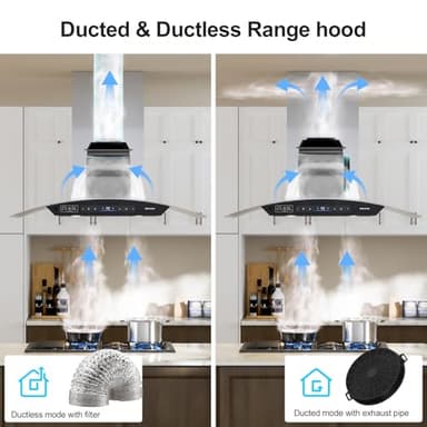 BRANO 36 Inch Island Range Hood, 900 CFM Voice/Gesture/Touch Control Ceiling Vent Hood with 4 Speed Exhaust Fan, 4 LED Lights, Memory Mode, Ducted/Ductless Convertible with 2 Charcoal Filter - Image 6