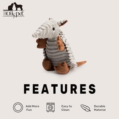 Hollypet Plush Dog Squeaky Toy Stuffed Armadillo Animal Pet Puppy Chew Toys with Clean Teeth for Small Medium Large All Breed Sizes Dogs, Gray, 8 in - Image 4