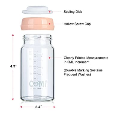 COMI Wide Neck Glass Breastmilk Collection n Storage Bottle, 4 Packs, 6oz with Screw Ring Sealing Disk; Re-markable Sealing Disc. BPA Free, Fits Breast Pumps & Nipples (4 Pink Lids) - Image 3