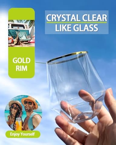 Maaacute 40 Pcak Plastic Stemless Wine cocktail Whiskey Champagne Glasses, 12 Oz Gold Rim Disposable Clear Unbreakable Cups for Party Bars Wedding Tasting (Diamond-shaped) - Image 3