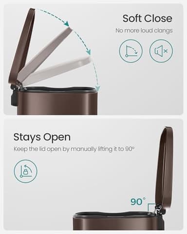 SONGMICS 13 Gallon (50 L) Trash Can, Stainless Steel Kitchen Garbage Can, Recycling or Waste Bin, Soft Close, Step-On Pedal, Removable Inner Bucket, Brown ULTB50BR - Image 4