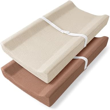 Bearmoss Changing Pad Cover, 2 Pack Muslin [100% Cotton] Diaper Changing Table Covers, 32'' x 16'' Soft Breathable Changing Pad Sheets for Unisex Baby Girls and Boys with Strap Holes (Cappuccino) - Image 1