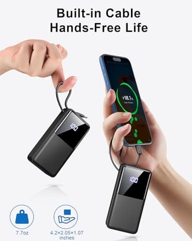 Power Bank 10000mAh, Portable Charger with Built-In USB-C Cable, PD 15W Fast Charging Battery Pack, Clear LED Display portable phone charger, Travel Essentials for iPhone Android Phones etc, Black - Image 2