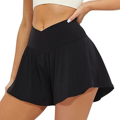 FireSwan Crossover Athletic Shorts for Women 2 in 1 Flowy Running Shorts with Pockets Spandex Butterfly Workout Tennis Skorts Black - Image 2