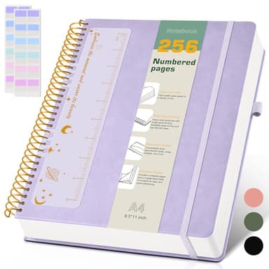 A4 Spiral Notebook Journal 8.5” x 11”, 256 Numbered Pages Hardcover Leather Journals for Women Men, Large Lined College Ruled Notebooks, 100GSM Thick Paper, Spiral Bound Journal for Work School, Purple - Image 1