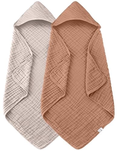 Spotted Play 2 Pack Hooded Baby Towels - 100% Muslin Cotton for Newborns, Infants, Toddlers - Large 32x32 Inch Size - Highly Absorbent and Essential for Newborn Care, Light Bean Paste - Image 1