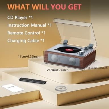 CD Player Portable with Speakers, Retro CD Record Player, Small Vintage CD Player with Bluetooth, Rechargeable Double HiFi Sound Speakers Support AUX/USB/Type-C/Headphone Jack/Remote Control - Image 7