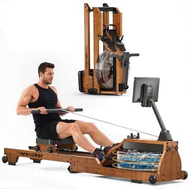 WENOKER Water Rowing Machine for Home Use, Wooden Foldable Rower Machine with Adjustable Monitor & Bluetooth APP, Large Water Tank & Comfortable Seat for Immersive Water Rower, 350LBS Weight Capacity - Image 1