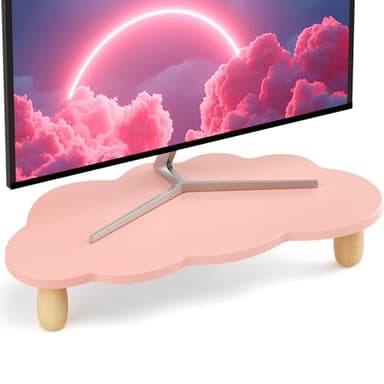 AFOOYO Monitor Stand Riser,Cloud-Shaped Sturdy Wood Computer Monitor Riser, Laptop Monitor Stand, Multi-Purpose Desktop Organizer Riser for Computer, Laptop, Printer, TV,Pink - Image 1