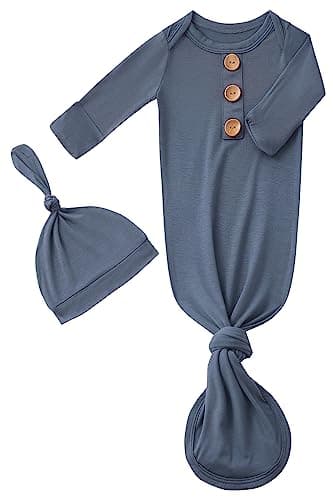 Newborn Baby Boys Girls Knotted Gown Hat Set Soft Viscose from Bamboo Infant Sleeper Baby Sleep Gown with Mittens (Navy, 0-3 Months) - Image 1