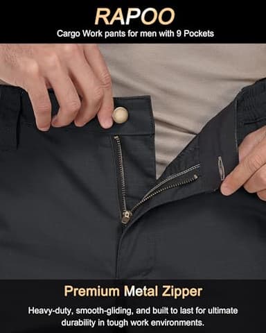 Rapoo Cargo Pants for Men Hiking Work Tactical Military Army Casual Pants for Men with Pockets Water Resistant Mens Ripstop Construction Carpenter Outdoor Pants Outdoor Black 40Wx30L - Image 3