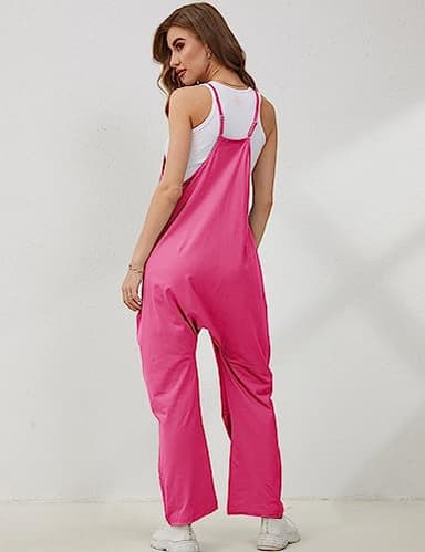 Lentta Women's Causal Jumpsuits V Neck Sleeveless Harem Overalls Stretchy Adjustable Strap Romper with Pockets(RoseRed-XXL) - Image 4