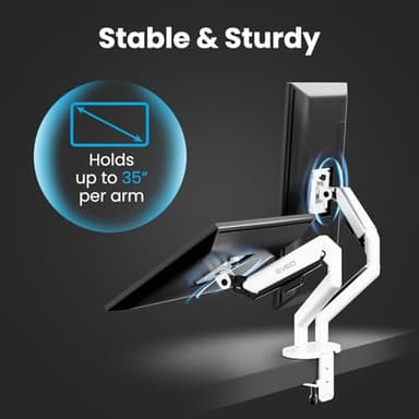 EVEO Premium Dual Monitor Mount 14"-35” Dual Monitor Arm VESA Bracket Adjustable Height Gas Spring Dual Monitor Stand, Screen Full Motion Dual Monitor Arm-Computer Monitor Stand for 2 Screens - White - Image 2