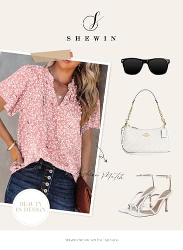 SHEWIN Womens Blouses 2025 Casual Short Sleeve Shirts V Neck Blouse Flowy Cute Summer Tops for Women Pink Medium - Image 3