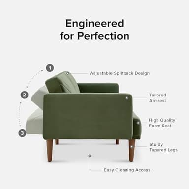 mopio 76.8" Futon Sofa Bed, Small Couch, Sleeper, Loveseat, Mid Century Modern Futon Couch, Sofa Cama, Couches for Living Room (Olive Green Premium Velvet) - Image 3