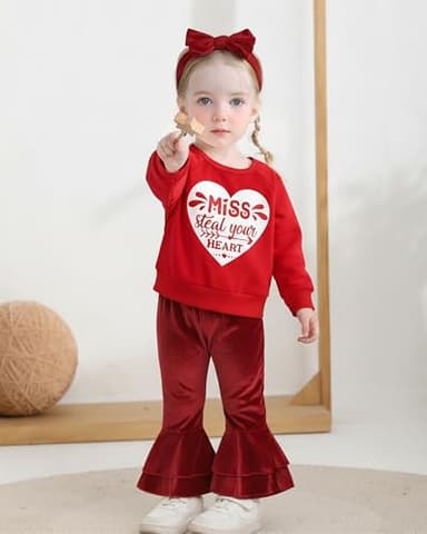 NZRVAWS 18-24 Months Toddler Baby Girl Clothes Infant Long Sleeve Letter Print Sweatshirt Bell Bottom Pant Outfit Fall Winter Red Set - Image 3