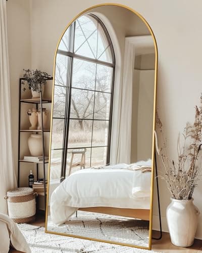 Full Length Mirror with Stand, 76"x34" Arched Full Body Mirror, Large Stand Up Mirrors, Aluminum Frame Floor Standing Mirrors, Freestanding Hanging Leaning Mounted for Bedroom Living Room, Gold - Image 1