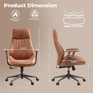 ovios Ergonomic Home Office Chair, Mid-Century Modern Faux Leather Chairs with Padded Armrests, Comfy High Back Swivel Rolling Executive Computer Armchair (Brown, Suede Leather) - Image 2