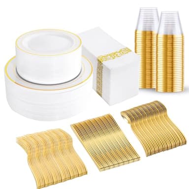 bUCLA 350PCS Gold Plastic Dinnerware Set - Gold Disposable Dinnerware for 50 Guests, Includes 50 Dinner Plates, 50 Dessert Plates, 50 Forks, 50 Knives, 50 Spoons, 50 Cups & 50 Napkins for Party - Image 1