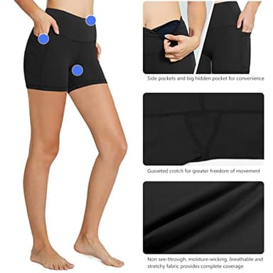 baleaf Biker Shorts Women Tummy Control Yoga Gym Workout Spandex Running Volleyball Compression with Pockets 5" Black M - Image 5