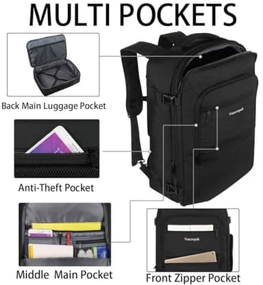 Vancropak Carry On Backpack, 40L Expandable Extra Large Travel Backpack, Flight Approved Water Resistant Luggage Suitcase Daypack, Lightweight College Business Weekender Bag for Men & Women, Black - Image 3