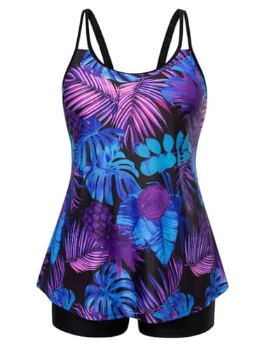 Hanna Nikole Plus Size Swimsuit for Women V Neck Padded Swim Top with High Waits Boyshort Purple Print 16 Plus - Image 1