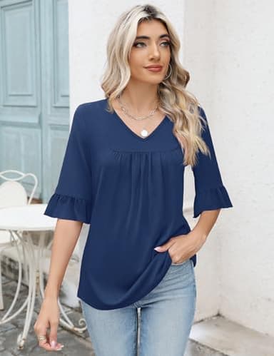 LOMON Bell Sleeve Tops for Women Summer V Neck 3/4 Sleeve Shirts Loose Half Sleeve Blouses Blue L - Image 3