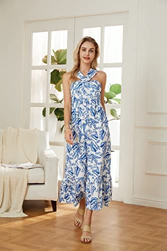 GRACE KARIN Women Crisscross Halterneck Floral Print Maxi Dresses for Summer White Blue XL - Image 5