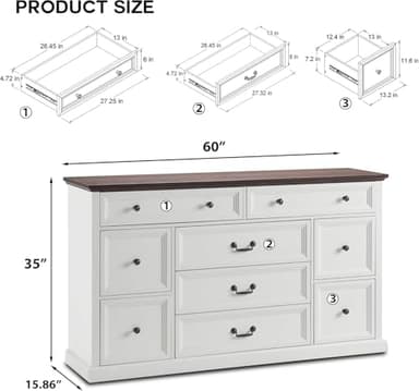 IFGET Farmhouse 9 Drawers Dresser for Bedroom, 60" Wide Wood Rustic Chest of Drawers, Large Storage Dressers Organizer for Bedroom, Living Room, Hallway, Dining Room-White - Image 2