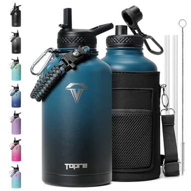 Topre 64 oz Insulated Water Bottle,Half Gallon Water Flask Stainless Steel Vacuum, Cold for 48 Hrs,BPA-Free & Leakproof -with Paracord Handle, Strap,Straw Spout Lids,Large Jug for Gym,Indigo Black - Image 1