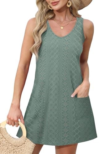 OFEEFAN Swimsuit Coverup for Women Summer Dresses 2025 Loose V Neck Swing Tank Dress Sundresses with Pockets Eyelet Green S - Image 3