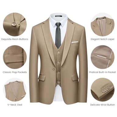 WULFUL Men’s Slim Fit Suit One Button 3-Piece Blazer Dress Business Wedding Party Jacket Vest & Pant Light Brown - Image 5