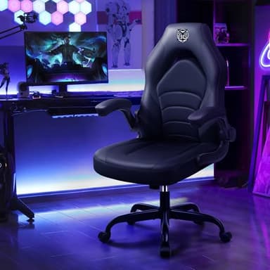 BestGlory Gaming Chair, Leather High-Back Home Office Desk Chair with Flip-Up Arms, Ergonomic Padded Rolling Wheels Swivel Tilt Gamer Computer Chair with Comfy Lumbar Support, Height Adjustable, Black - Image 2