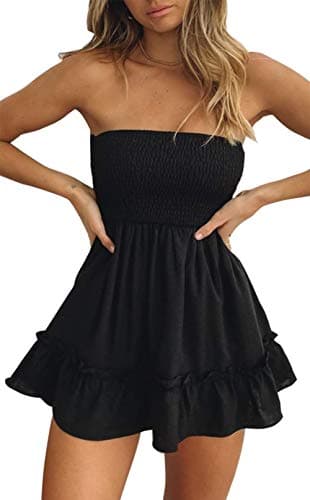 Tsher Tube Top Dress for Women Summer Solid Strapless Mini Dresses, Off The shoudle Ruffle Beach Dress (S, Black Strapless Mini Dresses)… - Image 1