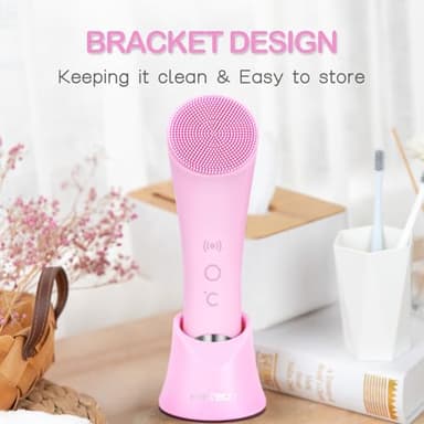 PRITECH Facial Cleansing Brush, Rechargeable Silicone Face Scrubber with Heat Massage End, Vibrating Exfoliator Scrubber for Deep Cleaning, Waterproof Face Brush for Women and Men (Pink) - Image 9
