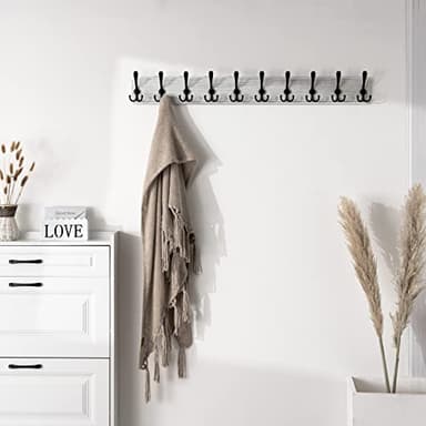 SKOLOO Coat Rack Wall Mounted - 38.3'' Long, Wooden, Heavy Duty, Rustic Coat Hooks for Wall, Wall Coat Rack with 10 Triple Hooks for Hanging Clothes, Jacket, Hat(Weathered White) - Image 2