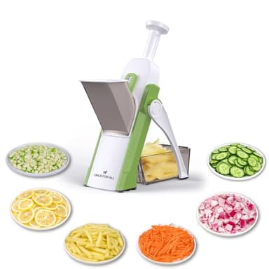 ONCE FOR ALL Safe Mandoline Slicer, Multi Vegetable Chopper, Potato Slicer for Kitchen, 4 Modes 100+ Presets Adjustable Thickness, French Fry Cutter (5 in 1 Green) - Image 1