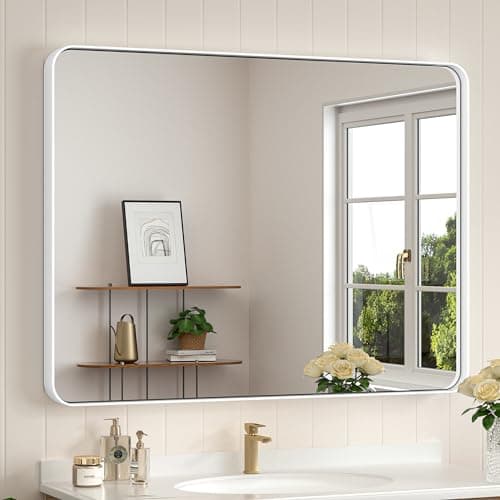 Keonjinn Matte White Bathroom Mirrors for Over Sink 40 x 30 Inch Large Rounded Rectangle Bathroom Mirror for Wall, Seamless Metal Frame Farmhouse Mirror, HD Tempered Glass(Horizontal/Vertical) - Image 1