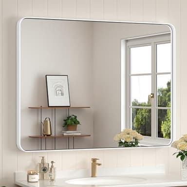 Keonjinn Matte White Bathroom Mirrors for Over Sink 40 x 30 Inch Large Rounded Rectangle Bathroom Mirror for Wall, Seamless Metal Frame Farmhouse Mirror, HD Tempered Glass(Horizontal/Vertical) - Image 1
