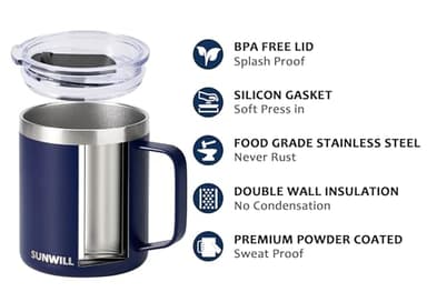 SUNWILL Insulated Coffee Mug with Lid, Travel Tumbler with Handle, 14oz Stainless Steel Cup for Camping, Office, Home, Powder Coated Navy Blue - Image 2