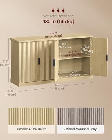 VASAGLE MAXE Collection - Transitional Buffet Cabinet, Console Cabinet, Sideboard with Adjustable Shelves, Fluted Doors, Buffet Table, Kitchen Pantry, Oak Beige UBBK382Y01S - Image 3