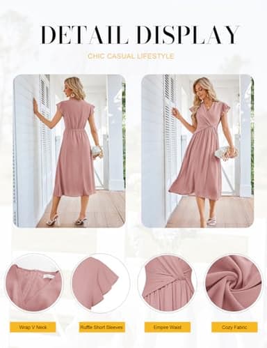 JASAMBAC Women's Flowy Casual Mini Dresses 2025 Summer Smocked V Neck Flutter Sleeve Ruffle High Low Petite Dress Wedding Guest Light Pink - Image 3